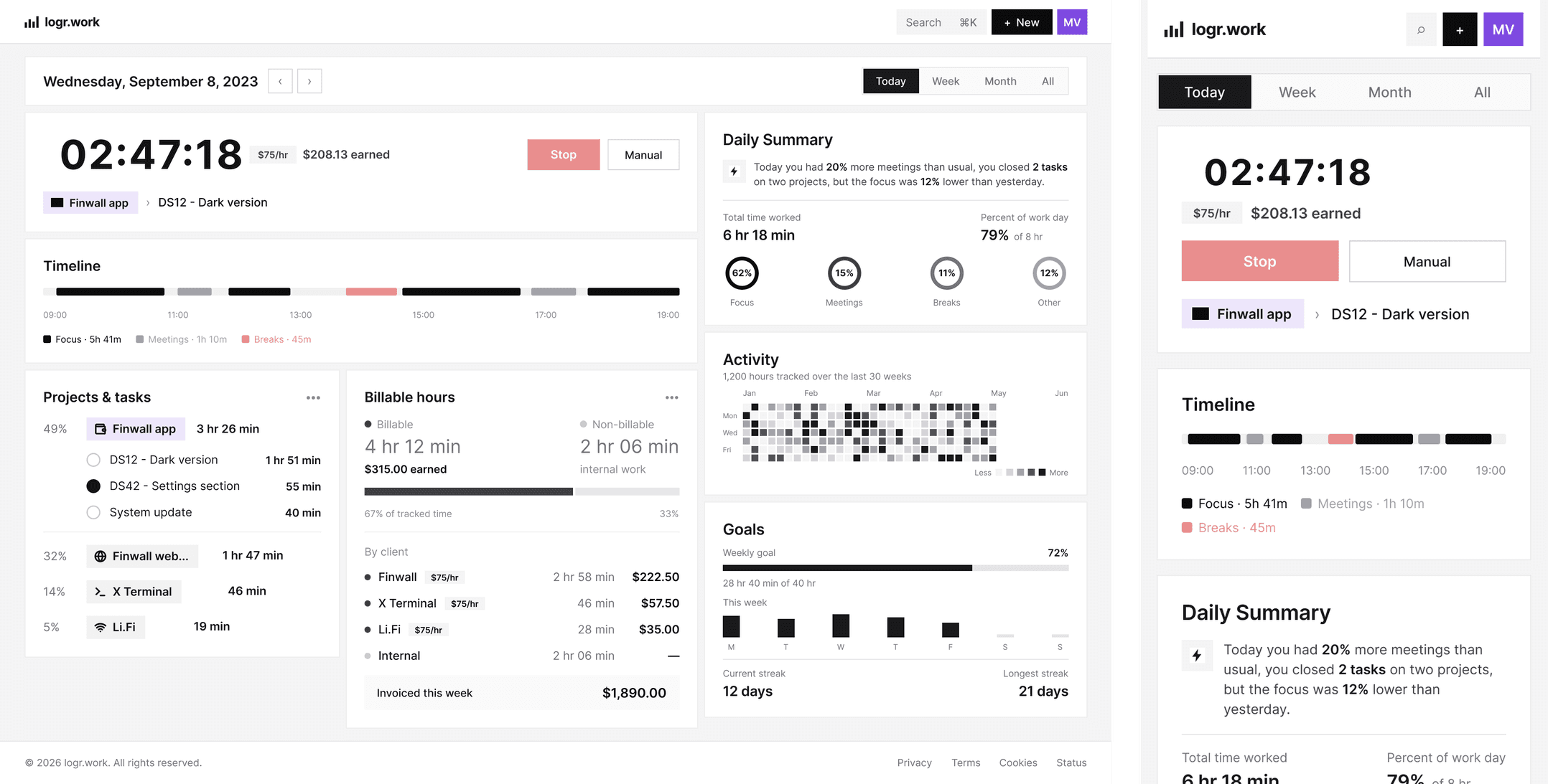 Dashboard on web and mobile: timer, timeline, projects, billable hours and a daily AI recap