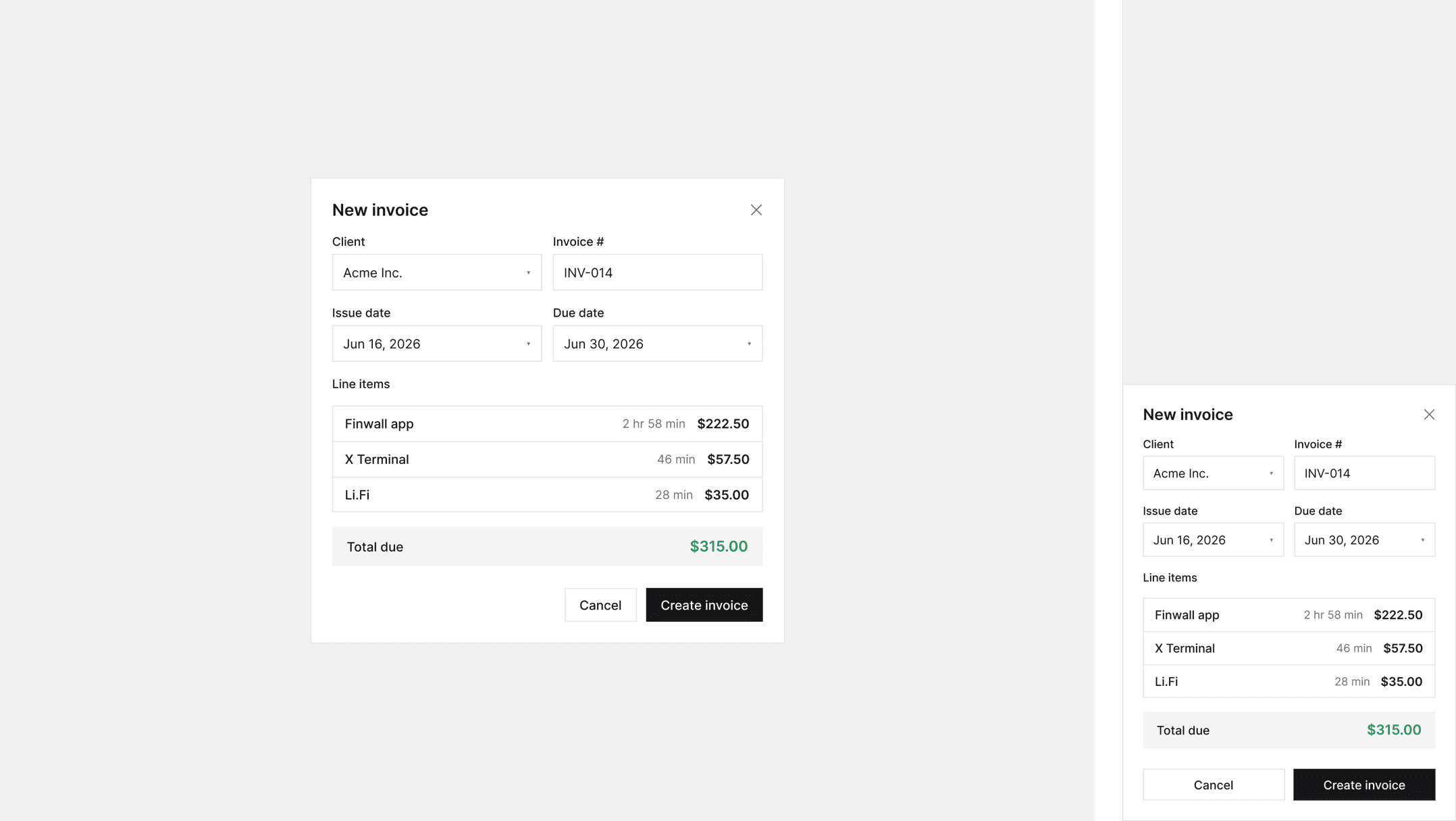 New invoice modal on web and mobile
