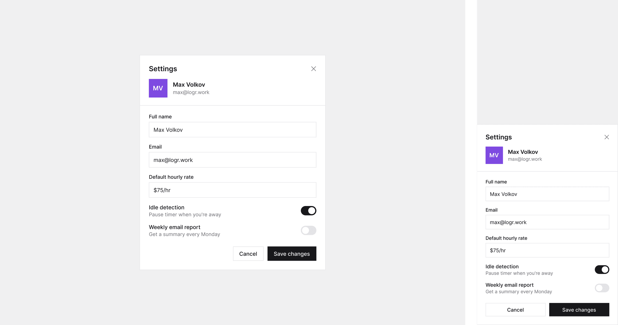 Settings modal on web and mobile